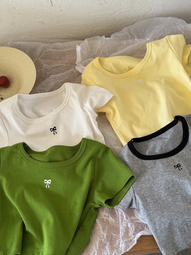 ショート丈リボンTシャツ（ホワイト／グリーン／レモン／グレー）QBSH 2026春｜100-150cm｜トップス ｜リボン｜ミニ丈 ［取寄］