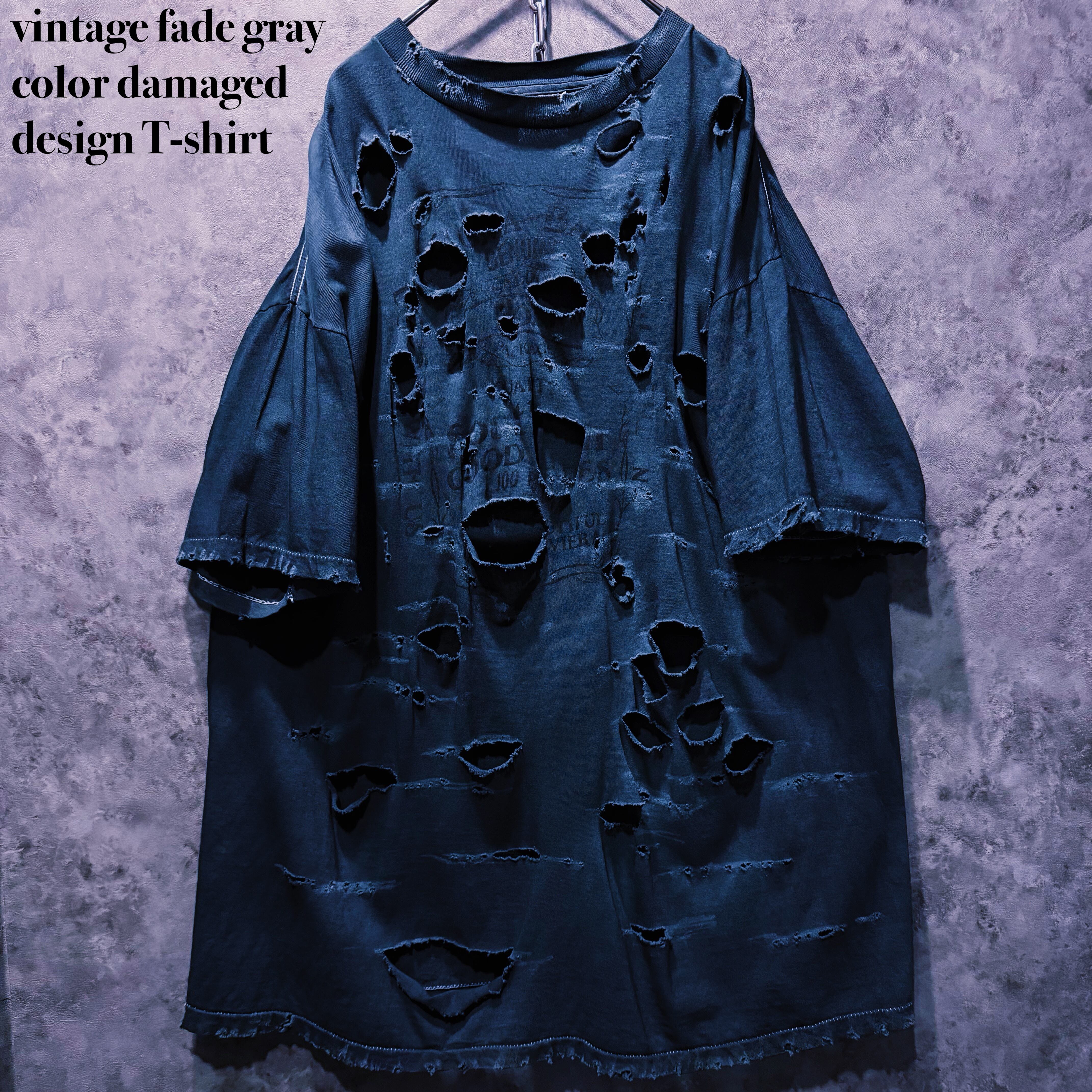 【doppio】vintage fade gray color damaged design T-shirt