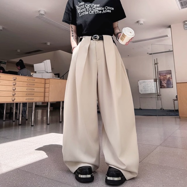 ワイドベルトループドレープシルエットアプリコットワイドパンツ（ruf_02149）