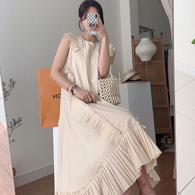 ワンピース レディース マキシ丈 ガーリー プリーツ フリル ロング