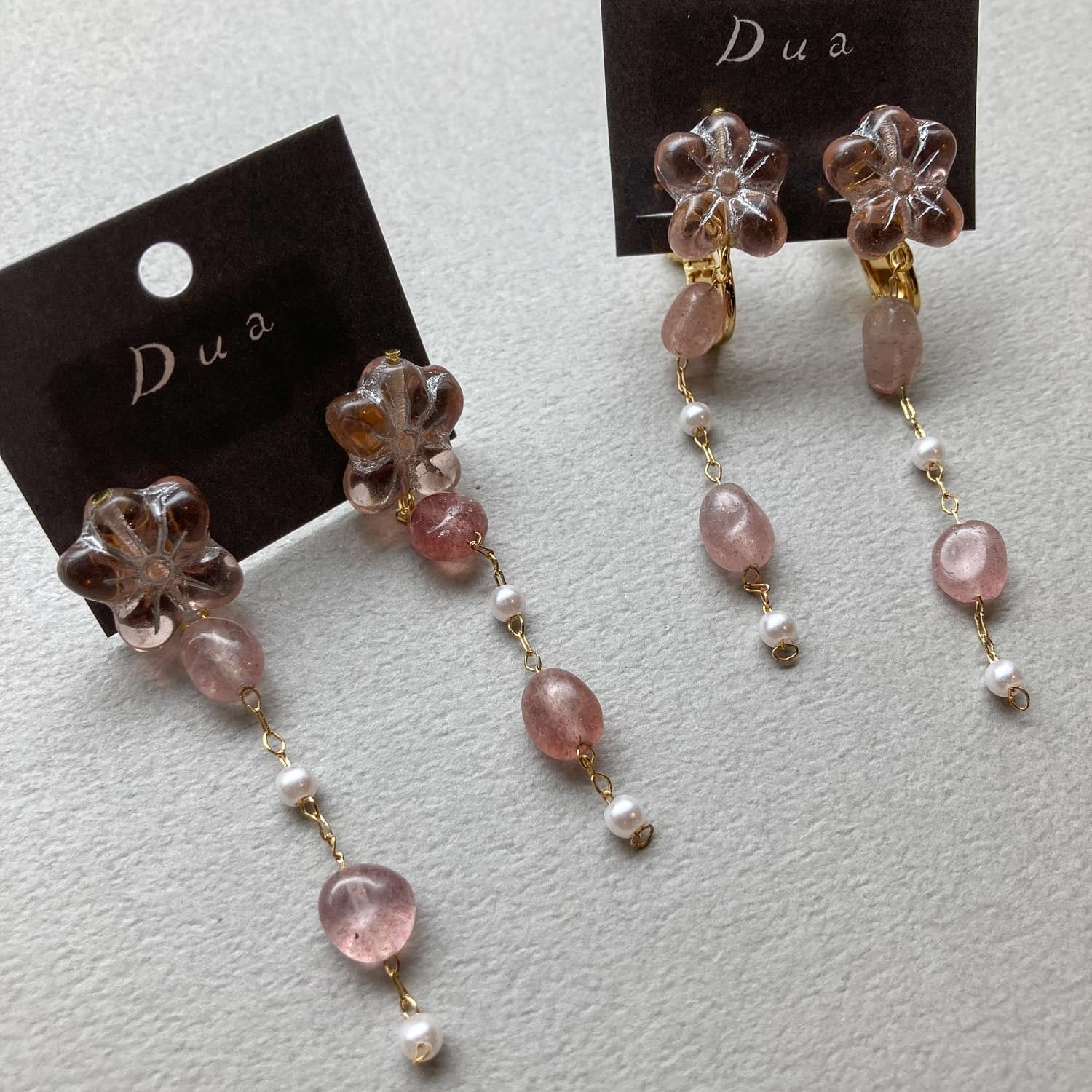 チェコ花ビーズと天然石の揺れるピンク〈ピアス/イヤリング〉 | Dua