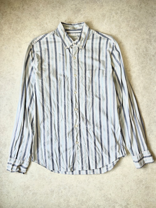 J.CREW マルチストライプ 長袖ボタンダウンシャツ M ブルー×ネイビー ジェイクルー SLIM シークレットウォッシュ ストレッチ