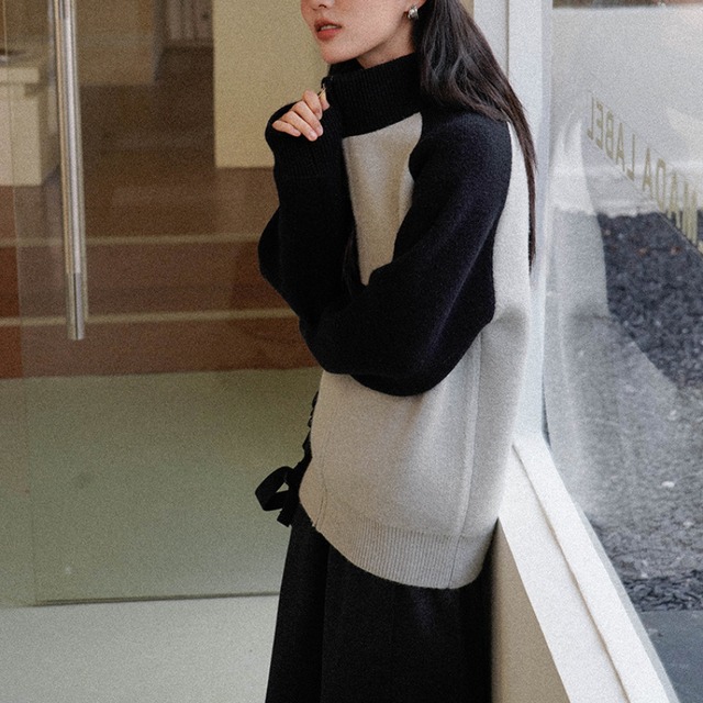 color-block zip knit cardigan　J00210