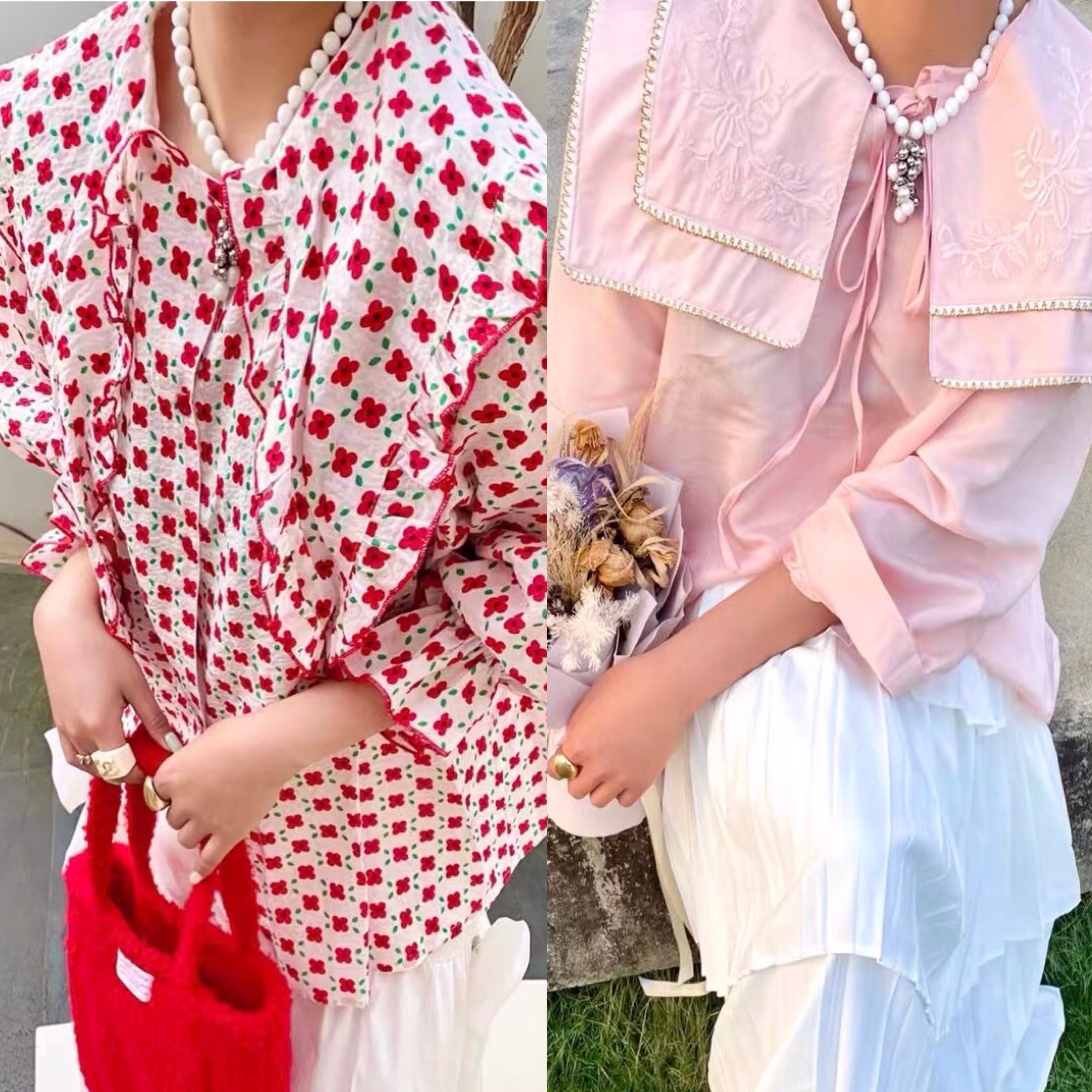 【2デザイン】ハート　赤　ピンク　リボン　白　ブラウス　トップス　ゆったり　ガーリー　可愛い　シンプル　シャツ　襟