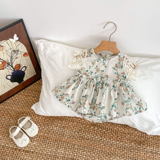 【BABY】ローズプリントレースフリル袖ワンピースロンパース - 9