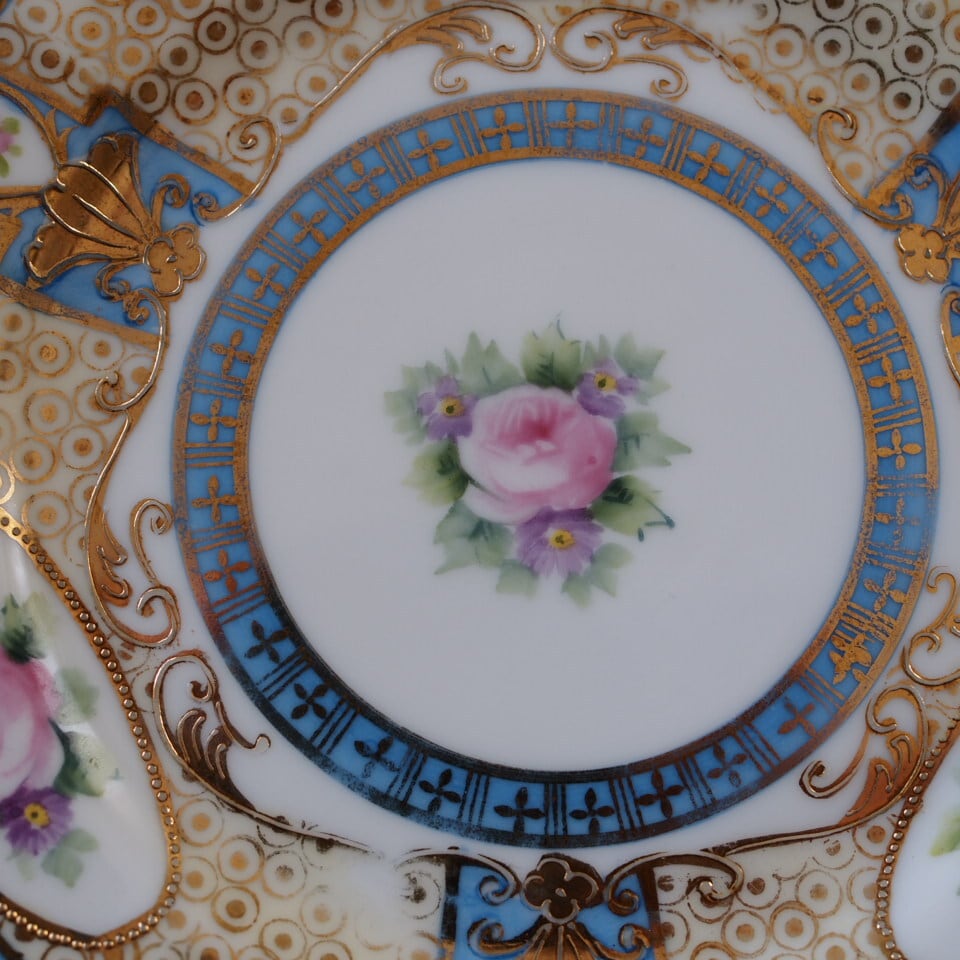 限定1客 オールドノリタケ 淡ブルー＆金彩ローズ装飾トリオ ティー