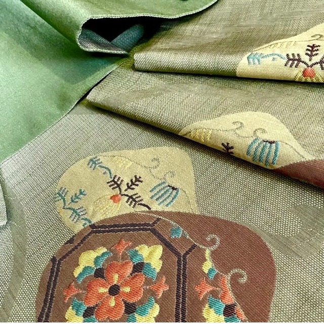 貝に花紋七宝の袋帯〉抹茶色 洒落袋 トール | 和小物 あかりや 