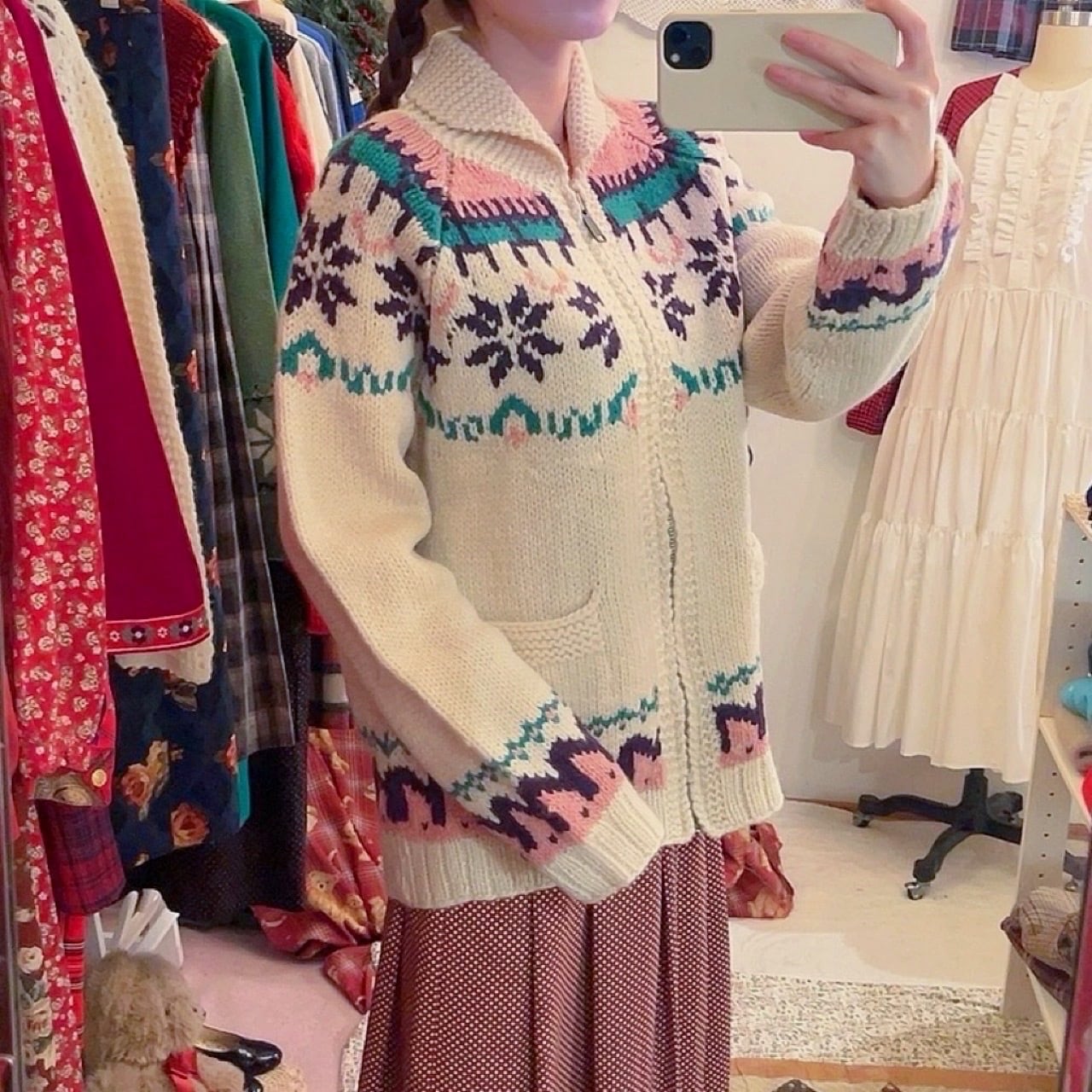 pink purple snowflake zip knit sweater