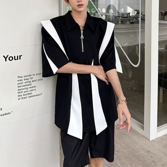 【Men】COLORBLOCK PATCHWORK TEE SHOULDER PADS TOP S-1247