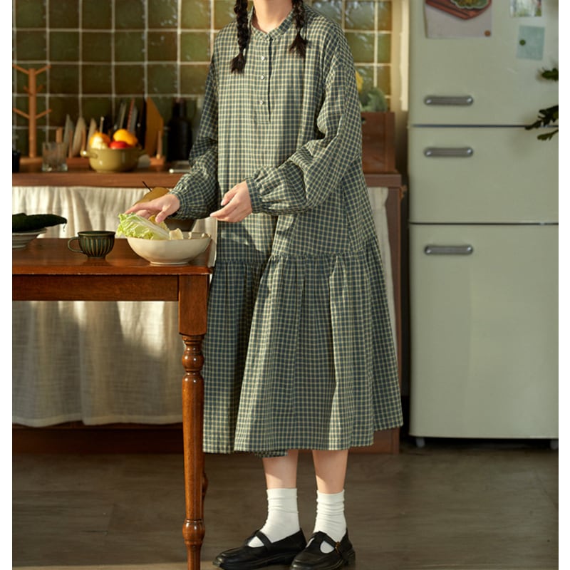 ギンガムチェックロング丈ギャザーワンピ M2097
