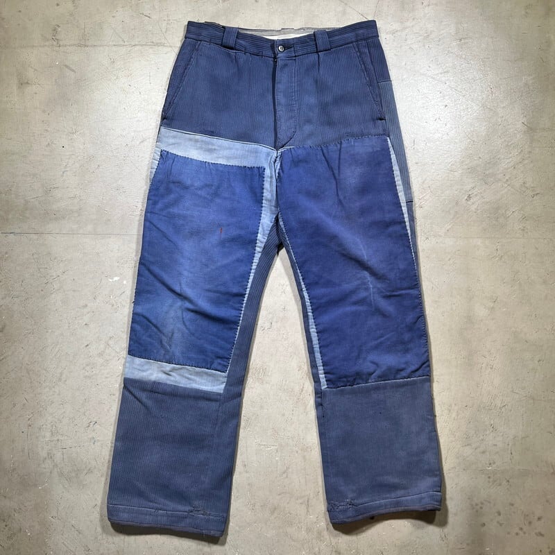 40's~ M.FAURE フレンチピケワークパンツ パッチワークリペア モールスキン インクブルー ユーロワーク W32位 希少 ヴィンテージ BA-1684 RM2103H