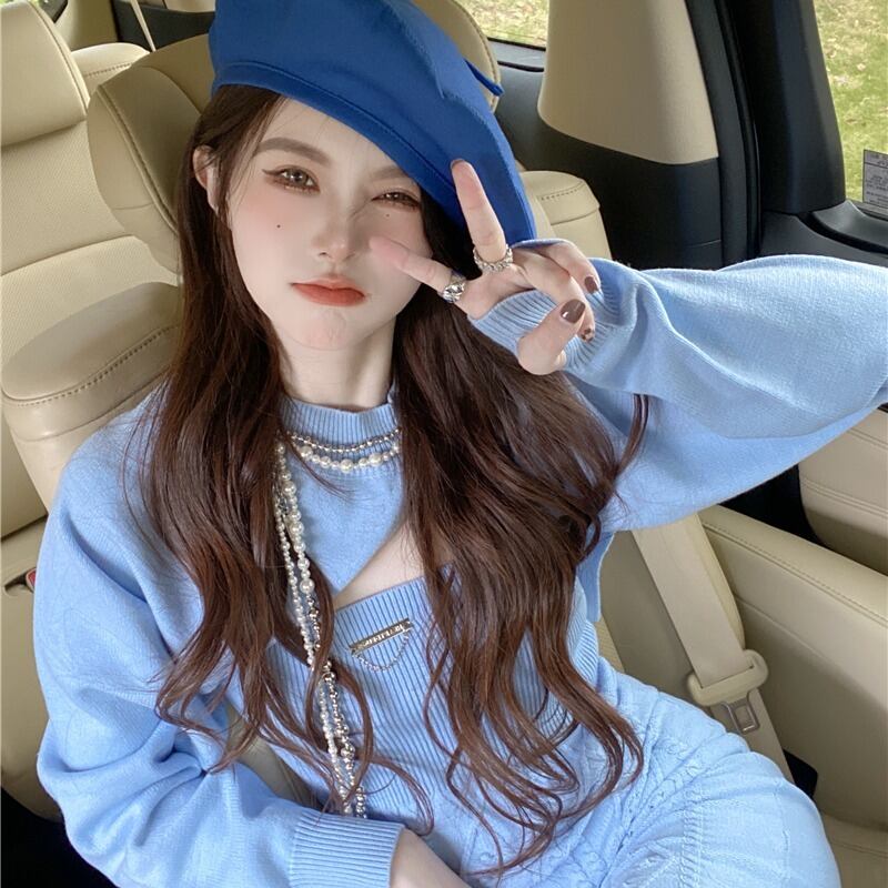 ラウンドネックブラウス ルーズカジュアルブルーショートニットセーター コート ジャケット レディースオータム ロング 秋物 Oネック YY-ファッション19676046593