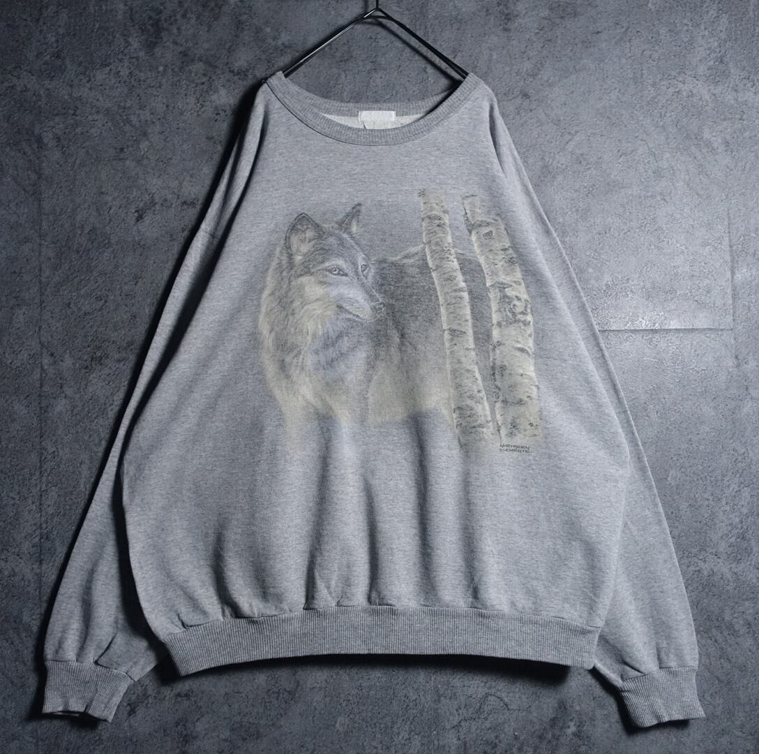 90s Gray Wolf Motif Print Design Sweat