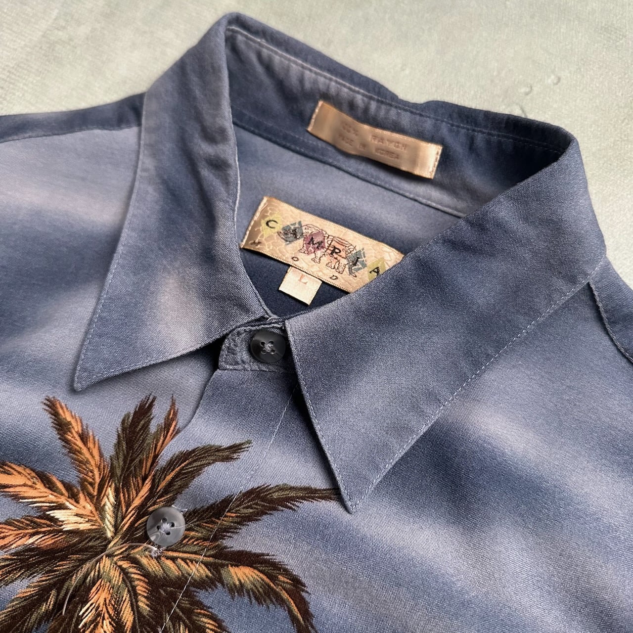 CAMPIA MODA レーヨン アロハシャツ ヤシの木 半袖シャツ ネイビー L