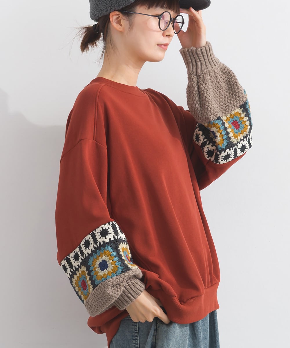 K53117 CT裏毛クロシェモチーフ袖切替スエットプルオーバー / K53117