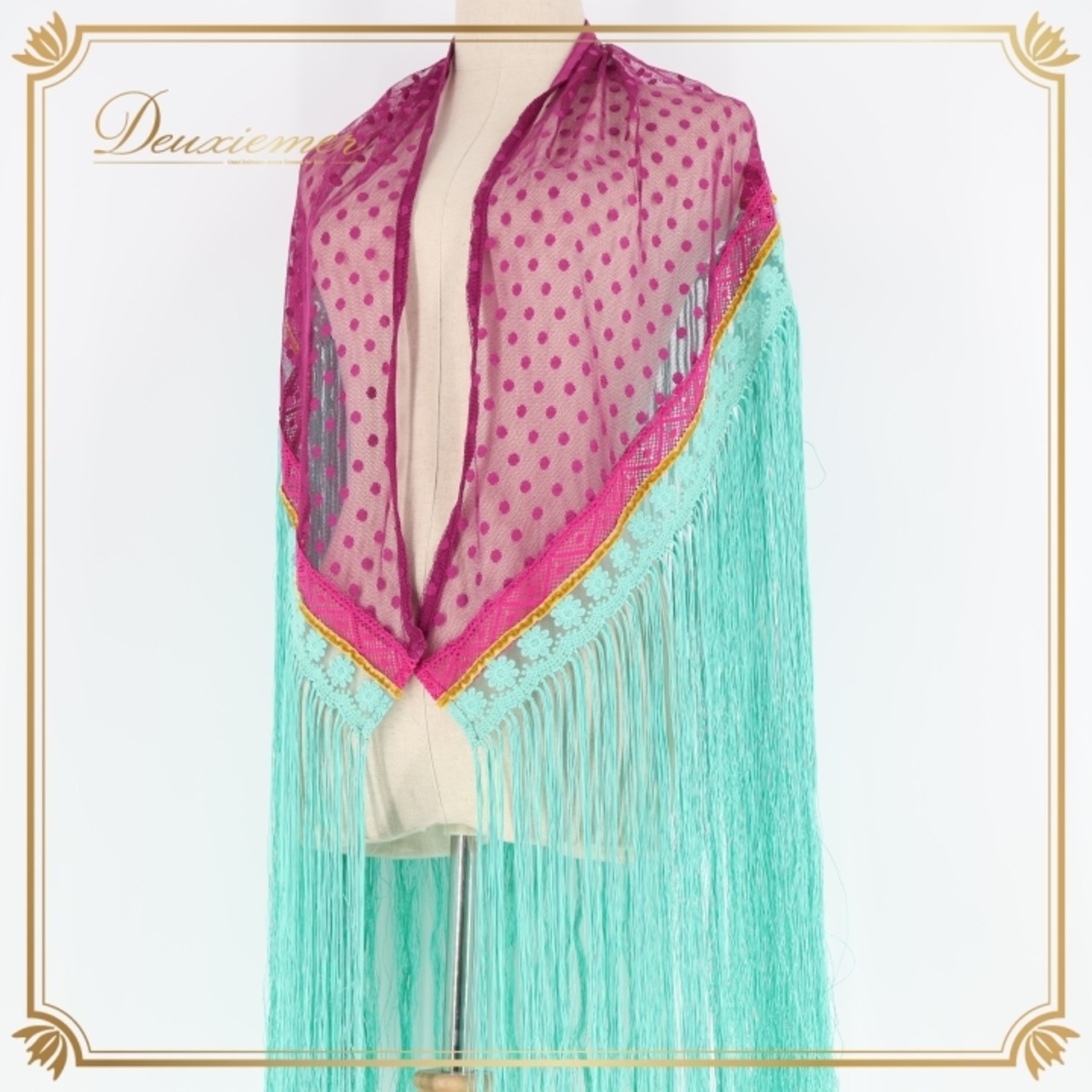 フラメンコ 衣装 シージョ フレコ 紫 軽い 透け感 フリンジ 鮮やか 小物 装飾 小道具 ダンス パーティ 発表会 パープル系 グリーン系 フラメンコ衣装 ステージ衣装 踊り衣装 軽やか おしゃれ 華やか アクセサリー お洒落 フリンジデザイン