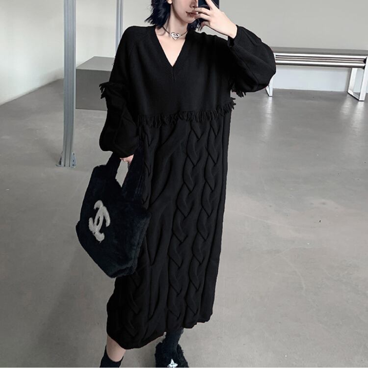 フリンジ切り替えケーブルニットワンピース◆2col R30325