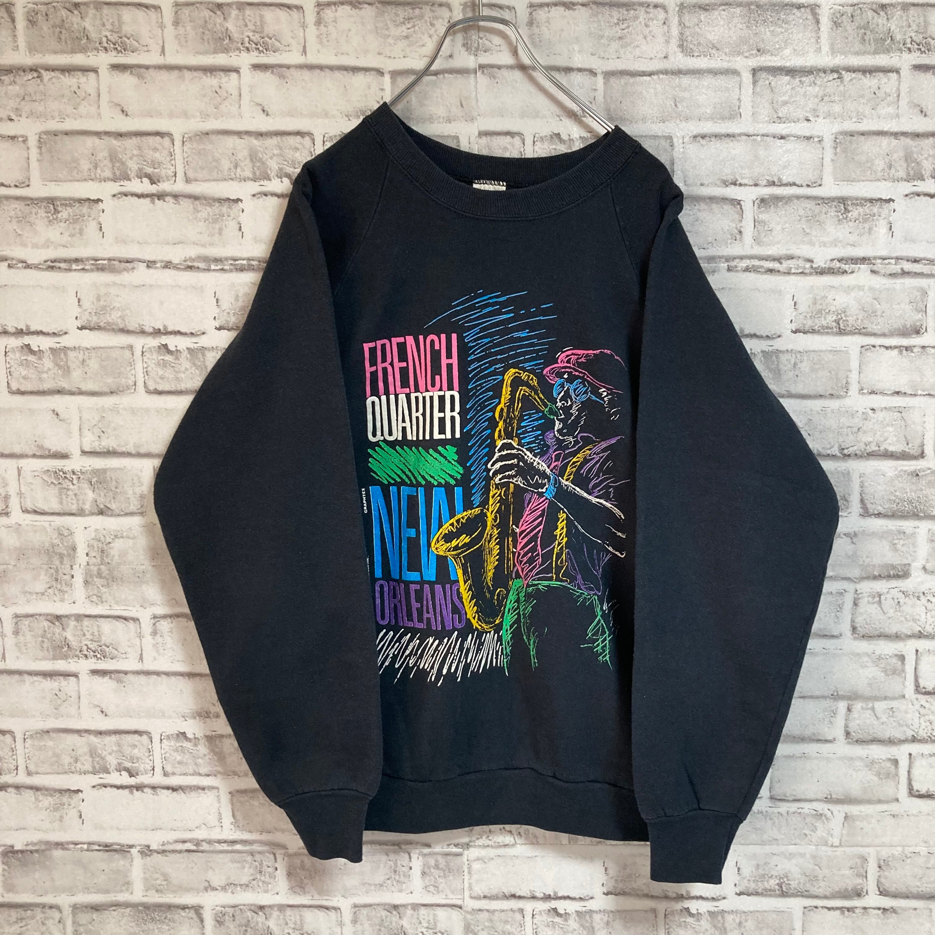 【FRUIT OF THE LOOM】L/S Sweat L 90s Made in USA アート系 企業モノ スウェット トレーナー USA製  アートプリント サックス 楽器 演奏者 アメリカ USA 古着