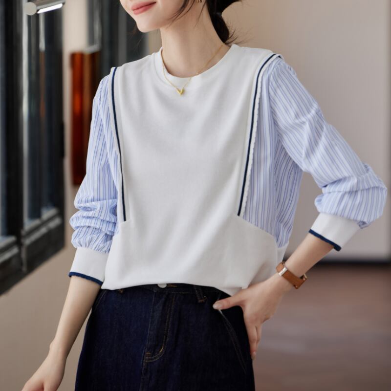 リブニットストライプ柄切り替えデザインクルーネックトップス U0388