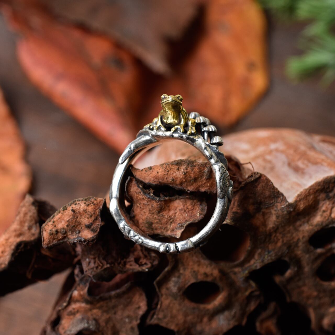 アマガエルとホウライタケ属キノコの指輪 | kinoko-mono