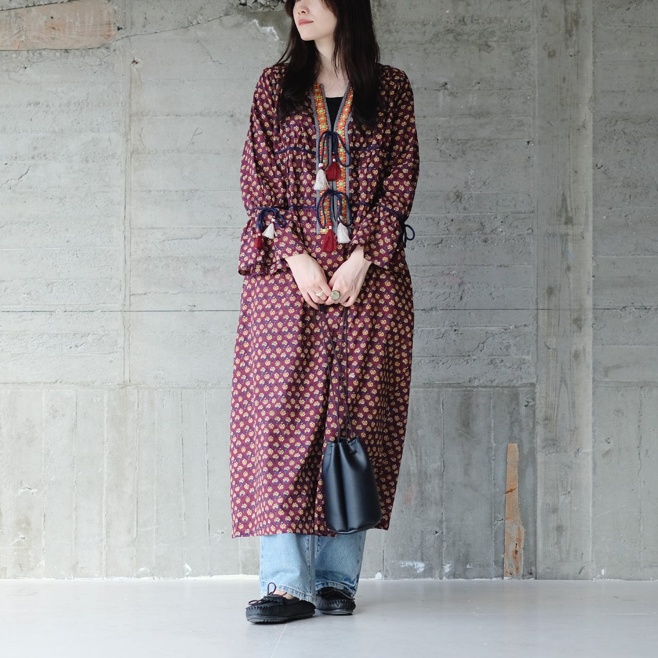 刺繍リボン＆タッセルが個性的！ブロックプリント長袖ワンピース（24w
