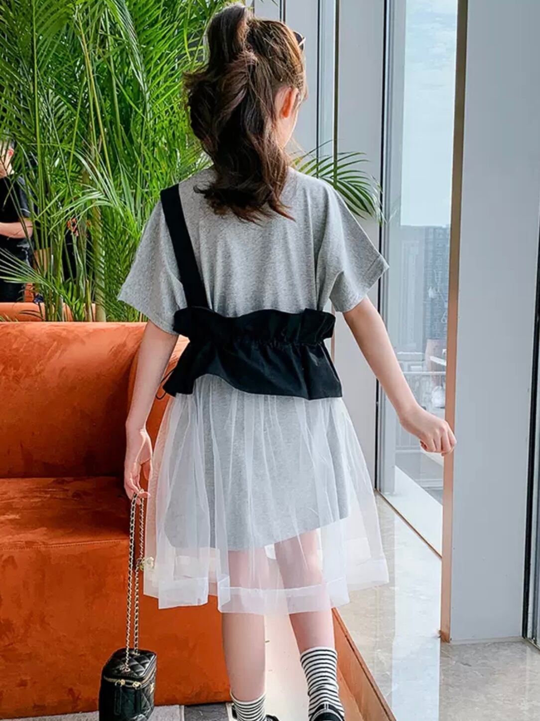 2色 子供服 110〜170 フレアスカート 半袖 アシメ フリル シースルー
