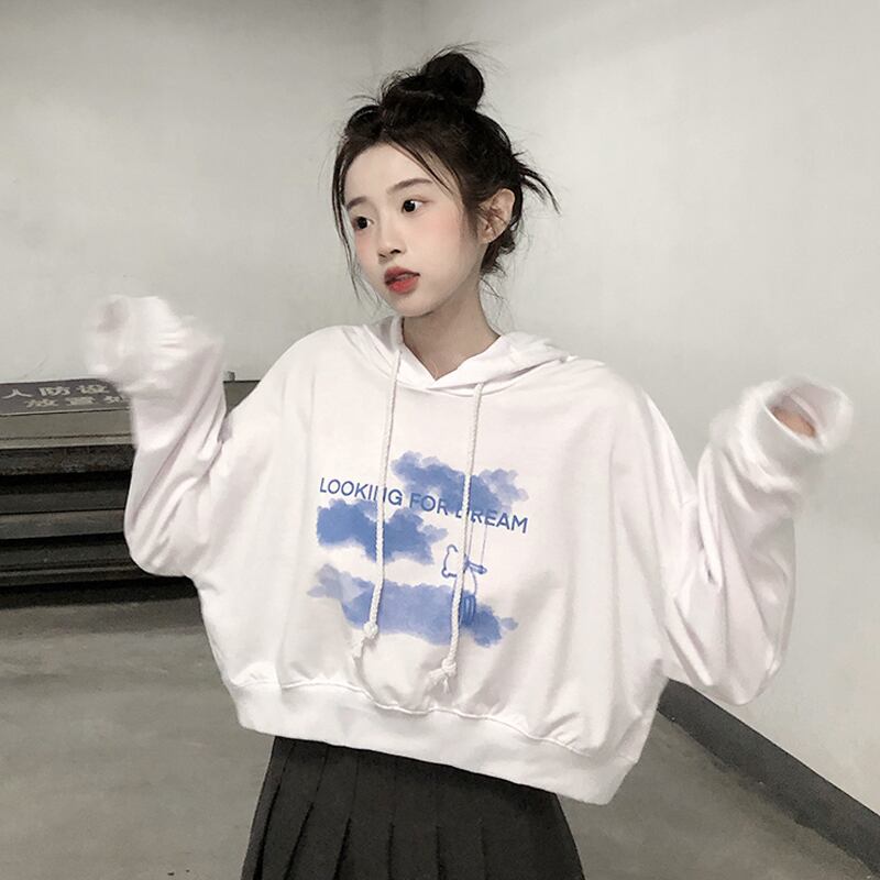 ホワイトフードセーター スプリングオータム薄手ルーズショートトップス 春物 秋物 試着室97160376996