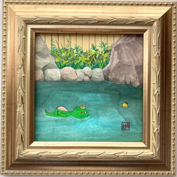 伝統的キャラクター 水彩画 額装済み 親犬 仔猫】肖像画 水彩画 額縁寸法320ミリ×290ミリ 額装品