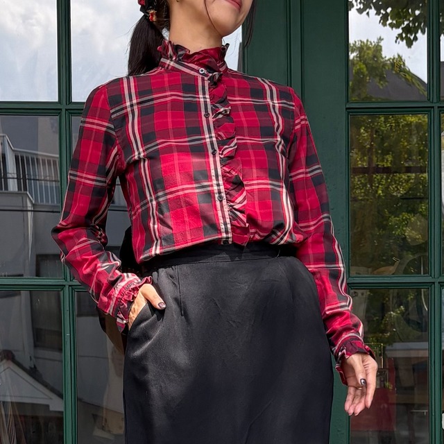 Vintage Ruffled Stand Collor Check Shirt