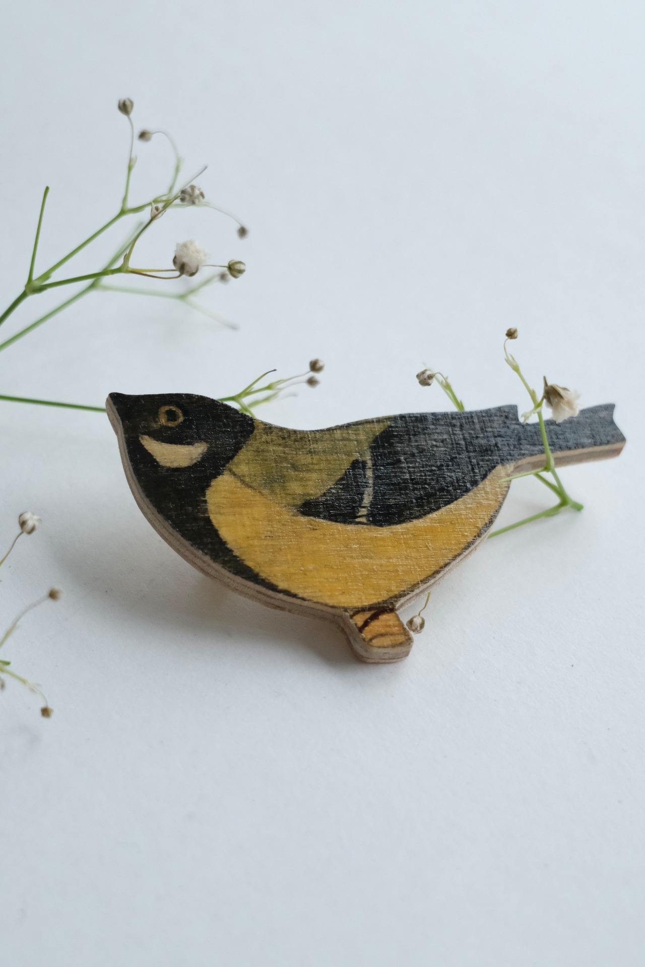 Handmade wooden great tit brooch