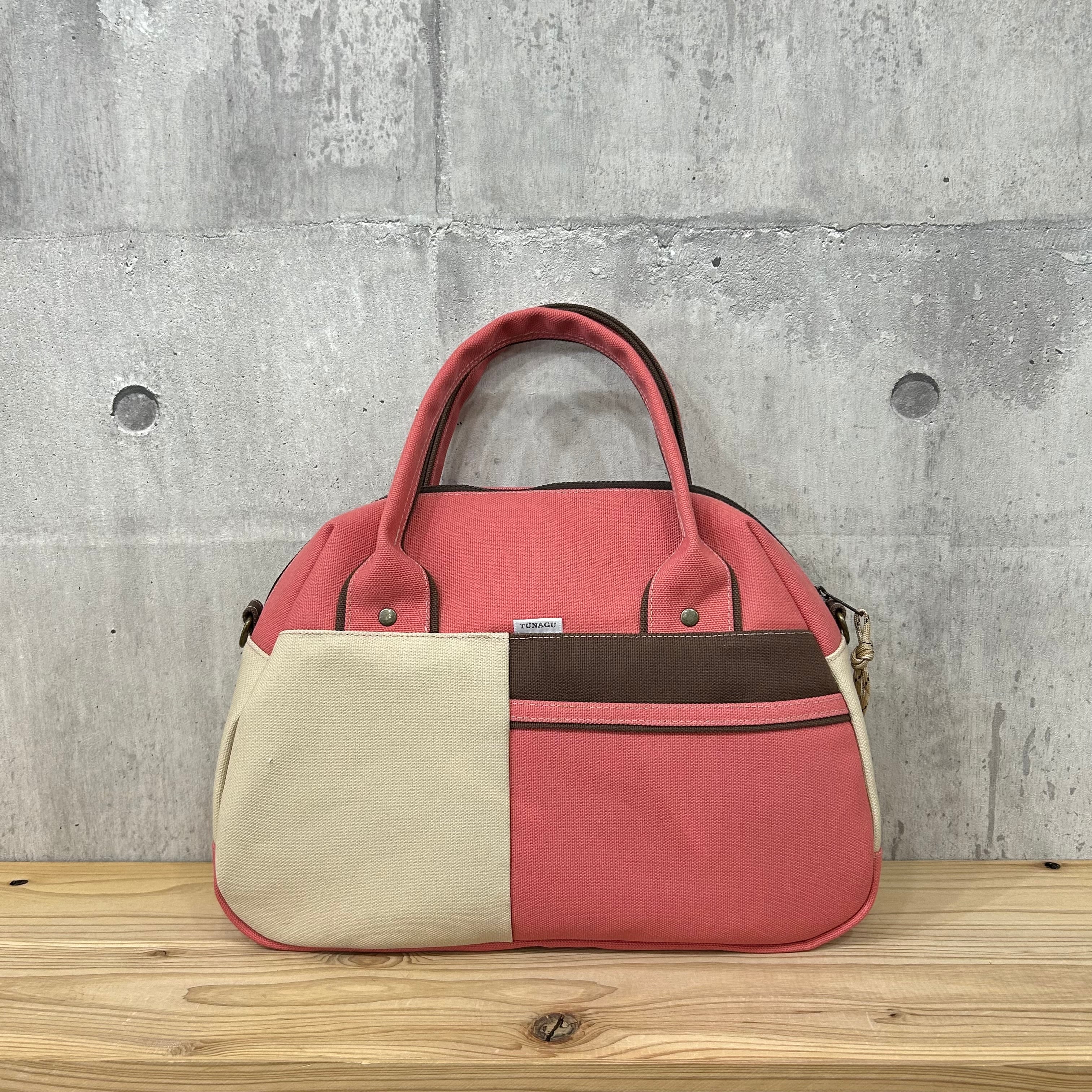-* Boston Bag *- ブロック切替デザイン【カラクレナイ×薄茶×サンドビーチ】
