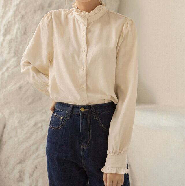 春新作 トップス 長袖 ブラウス レディース フリル襟ブラウス フリル襟 襟フリル 襟フリルブラウス ブラウス 長袖 フリル スタンドネックブラウス フリルカラーブラウス フリル ブラウス 袖フリル トップス フリルネックブラウス ゆったり 体型カバー 大人可愛い P7195