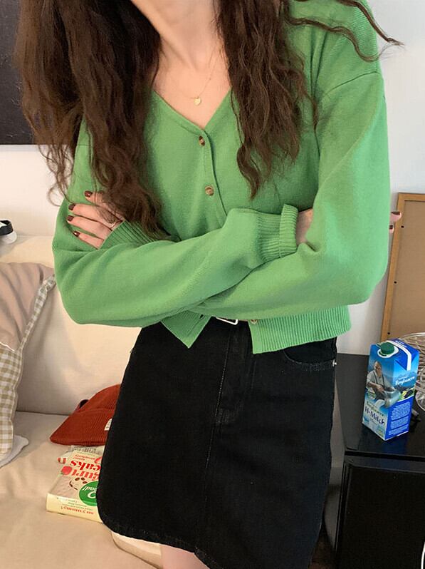 グリーンカジュアルセーター ジャケット オータムルーズ薄手Vネックカーディガントップス ロング 秋物 モンロー56321204369