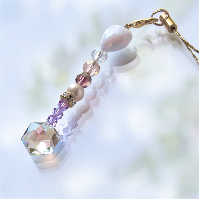 【スワロフスキー】ピンク ヘキサゴン／2WAYストラップ・チャーム