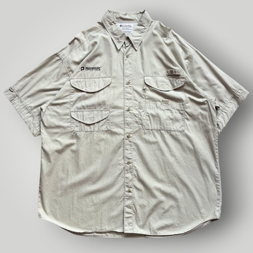 【90s】Columbia コロンビア PFG 半袖シャツ メンズ XXL ベージュ 企業ロゴ 刺繍 フィッシング ギア アウトドア vintage