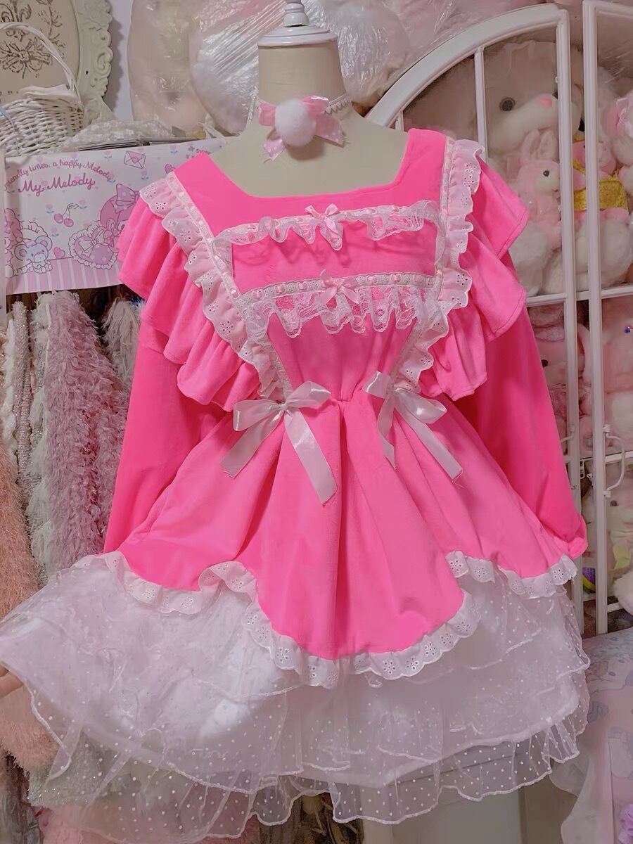 ネオンカラー コスプレ ピンク 蛍光 ワンピース 姫 原宿 ガーリー