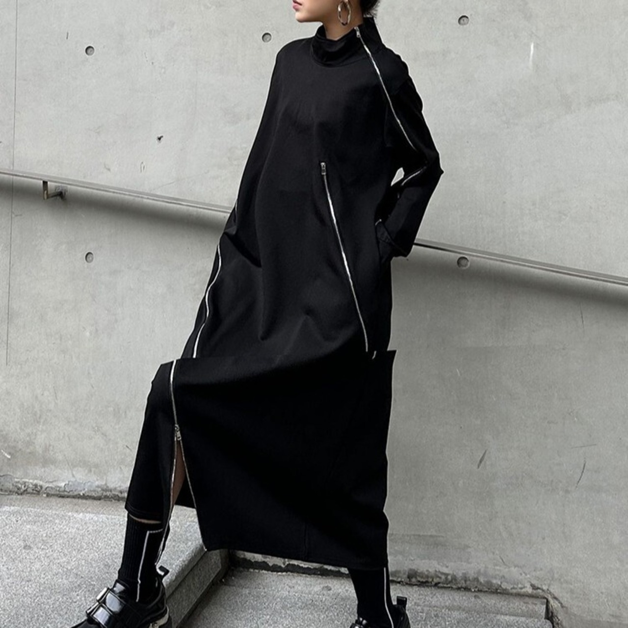 Black Irregular Zipper Dress / ブラック イレギュラー ジッパー ドレス ワンピース