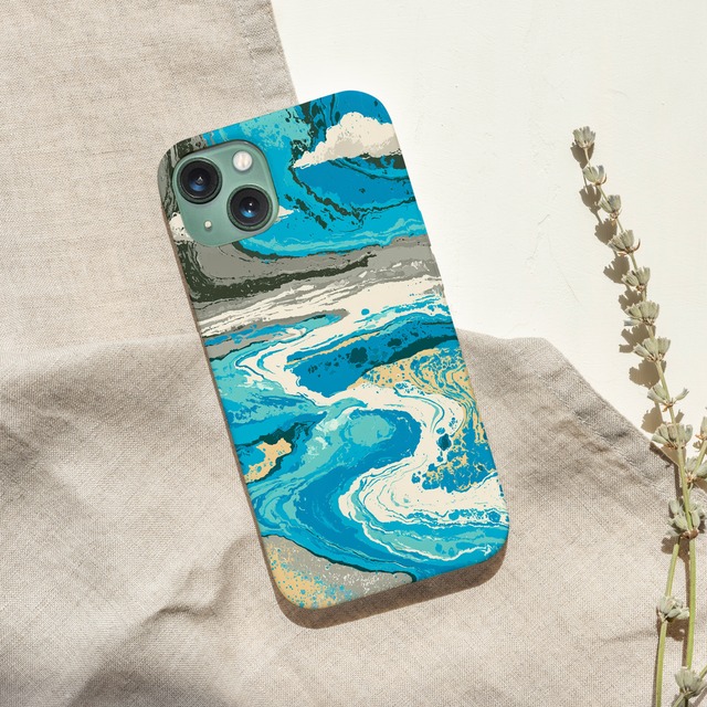 受注生産 iPhoneケース 水色とゴールドの海流マーブル｜水面模様 PABS065B