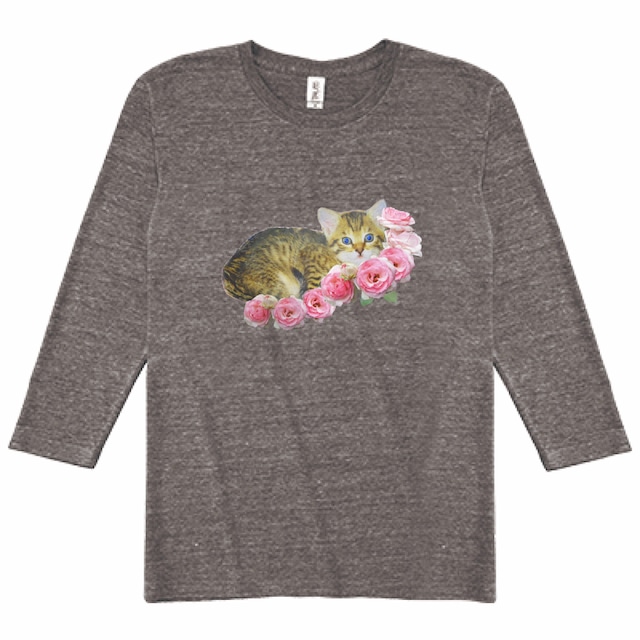 七分袖Tシャツ ヘザーブラウン ネコ 猫 薔薇 ブラウン バラ Tシャツ レディース rose AIMI NATURE ARTS