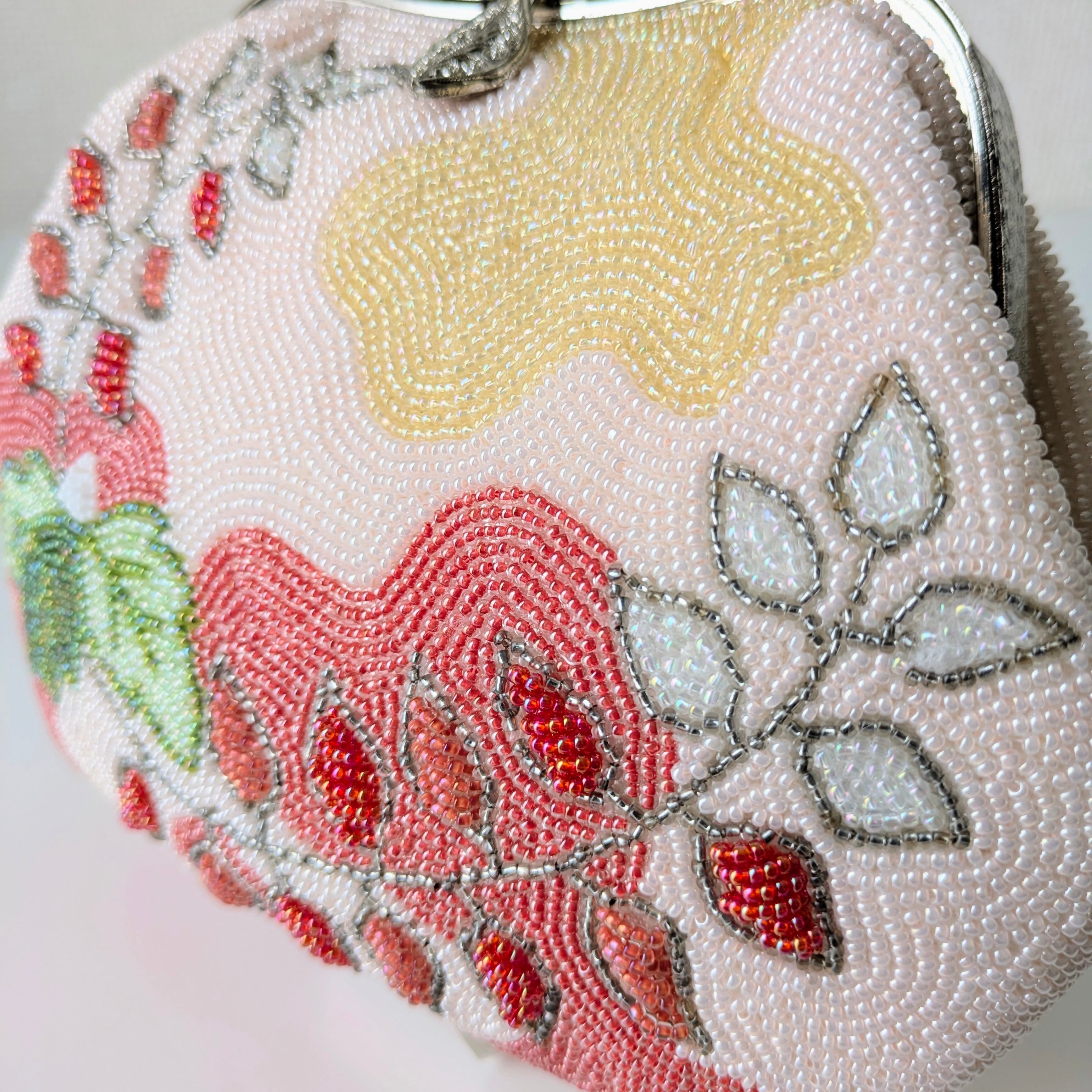 Vintage】ビーズ刺繍バッグ ピンク 藤の花模様 パーティーバッグ 昭和