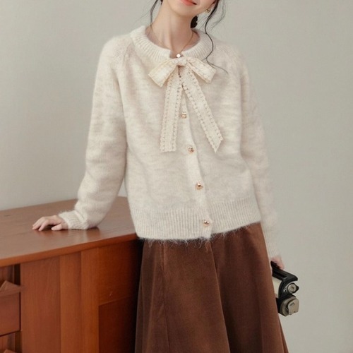 レースリボンクルーネックニットカーデ ・72752