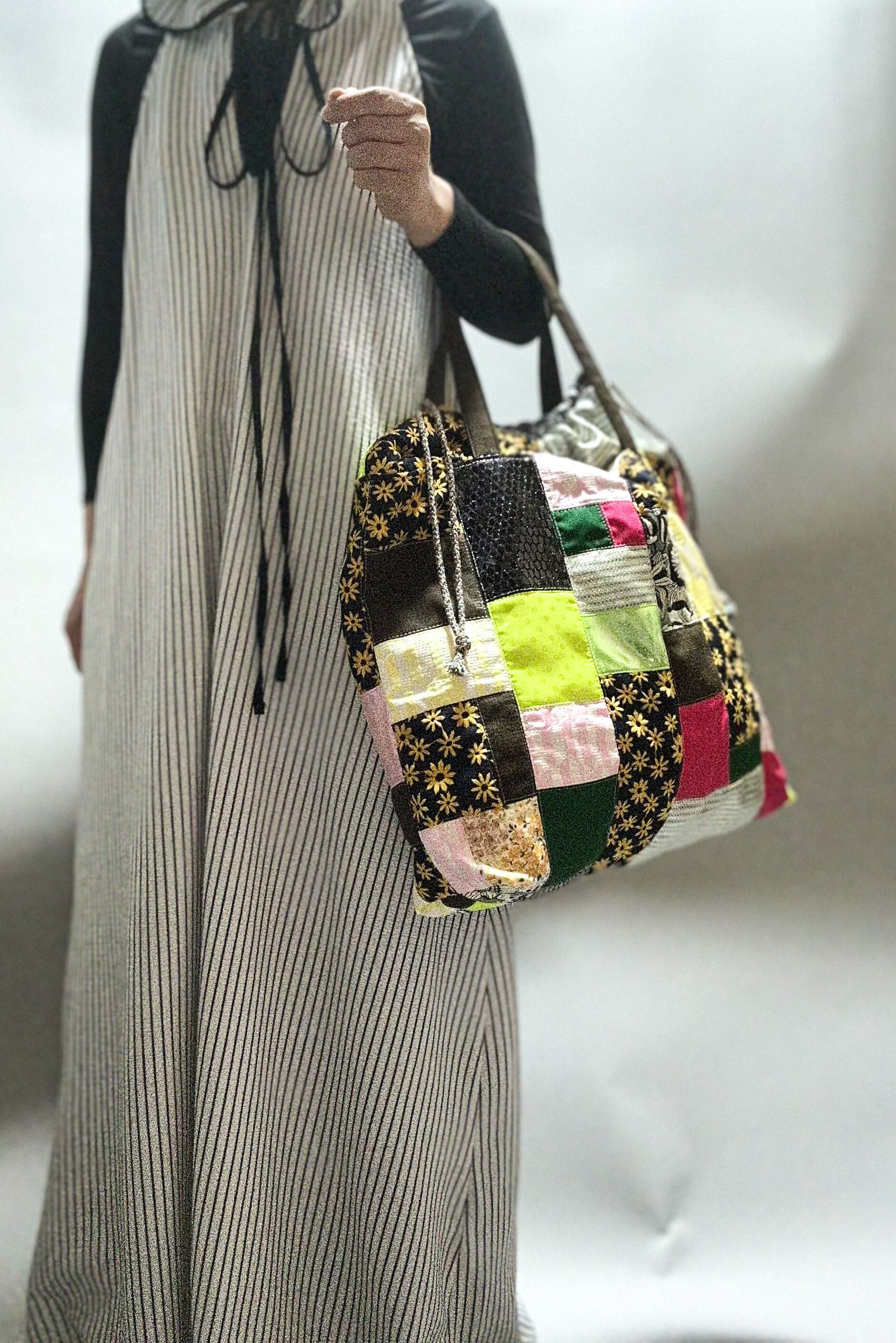 パッチワークエコバッグ③ L #キイロ×ネイビーミックス | a Linden