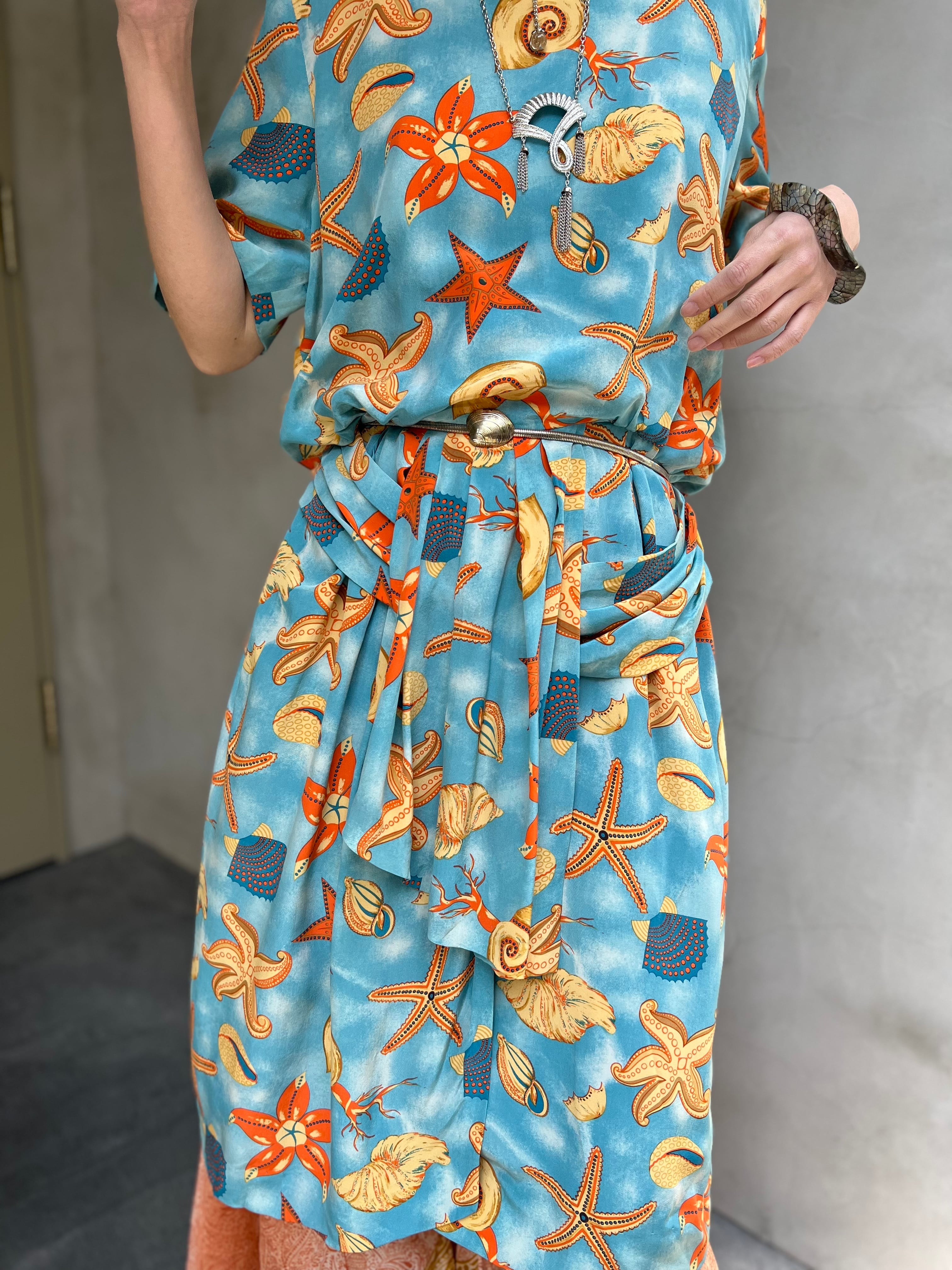 80s skyblue × shell silk dress ( ヴィンテージ スカイブルー