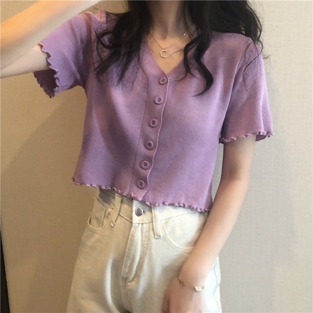 フランスのVネックショートニットカーディガン、木製の耳付き女性の2020年夏の新しいアウタールーズ半袖パープルトップ 1号婦人32863139150