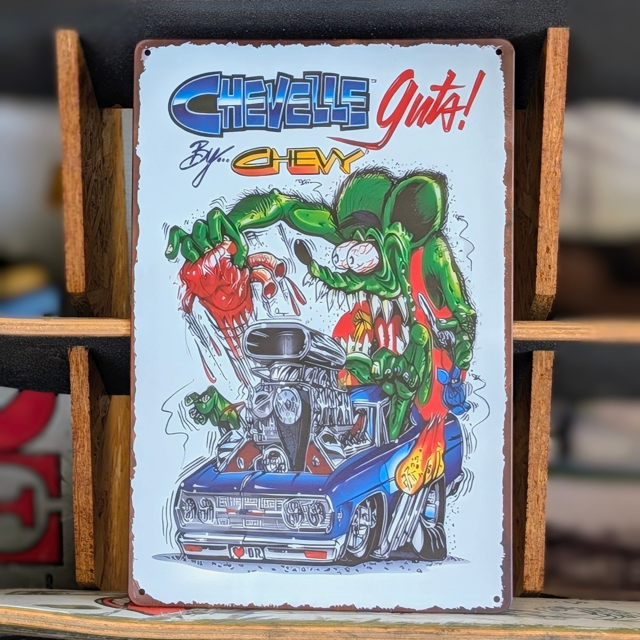 送料無料!ちょうどいいブリキ看板 【 RAT FINK ( ラットフィンク ) 】 『 CHEVELLE Guts! By... CHEVY 』METAL SIGN / メタルサイン / ブリキ看板 / サインボード / ビンテージ加工〚アメリカン雑貨 アメトイ〛