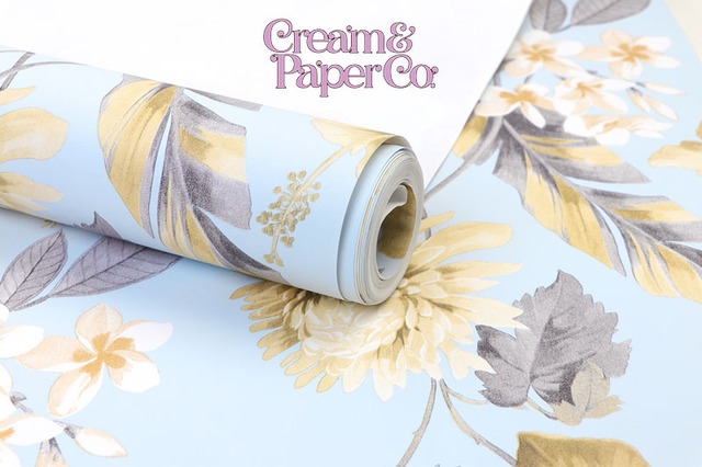 【切り売り】スカイブルー × イエロー Tropical flower FL1-778004MT for DIY 53㎝×10m リピート53㎝