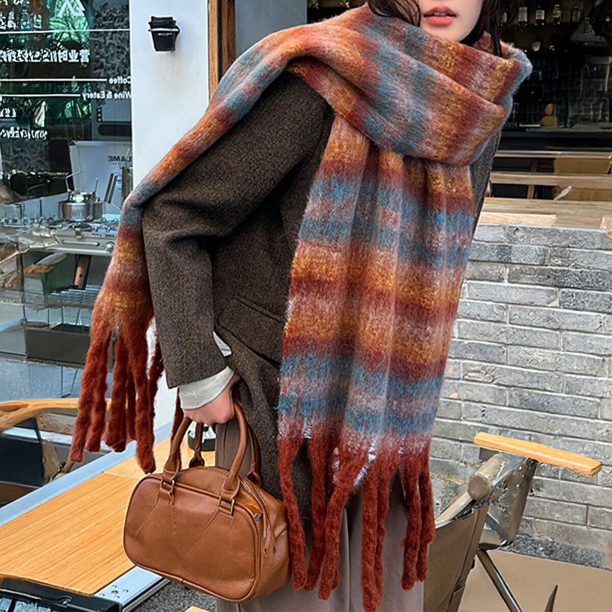 ボリューム マフラー 大判 レディース 秋冬 韓国 ふわふわ もこもこ 防寒 保温 おしゃれ ボーダー柄 フリンジマフラー 通勤 通学 暖かい 大人可愛い 大人女子