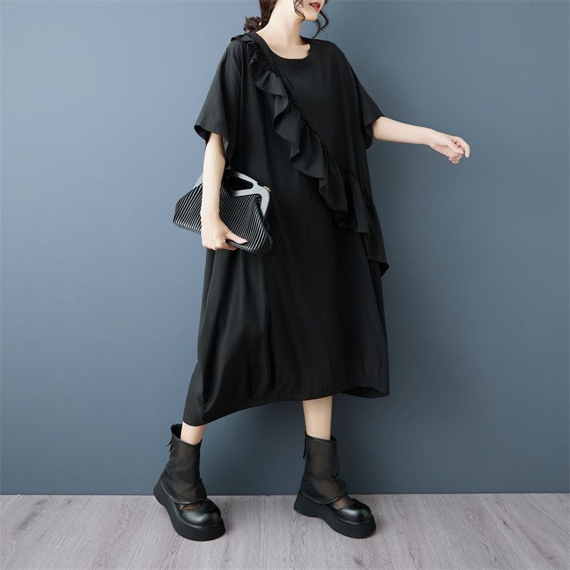 ASYMMETRIC RUFFLED RELAXED MIDI DRAPE DRESS M-18273