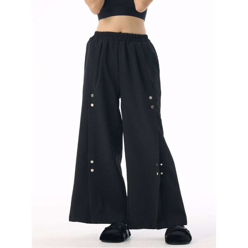 ボタン装飾 ワイドレッグ フルレングス パンツ 2color PT0435