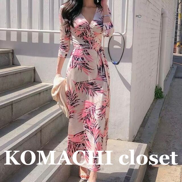 【送料無料】 ワンピース ラップドレス ウエストマーク サイドリボン ミモレ丈 花柄 Vネック 七分袖 韓国 レディース かわいい 可愛い キュート 大人可愛い 大人女子 きれいめ シンプル カジュアル 大人 上品 おしゃれ お洒落 こなれ感 きちんと 大人女子 クール エレガント フェミニン S M L XL 2XL ピンク グレー ブラック 夏 オルチャン 楽ちん 10代 20代 30代 40代 女子会 デート 旅行 お泊まり 普段使い スタイルアップ 美脚 脚長 安い